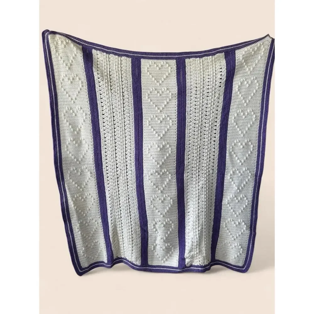 Large Vintage Handmade Crochet Heart Afghan Blanket – White & Lavender